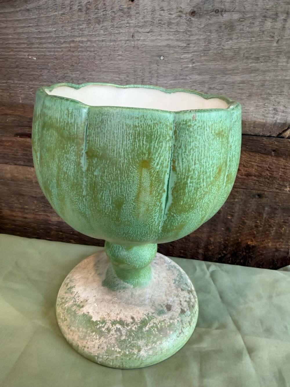 Vintage Ceramic Pedestal Planter Green Glaze